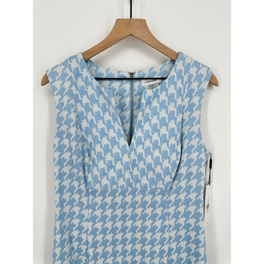 Calvin Klein Sheath Dress Womens 12 Blue White Houndstooth Sleeveless V-Neck New - Picture 2 of 7